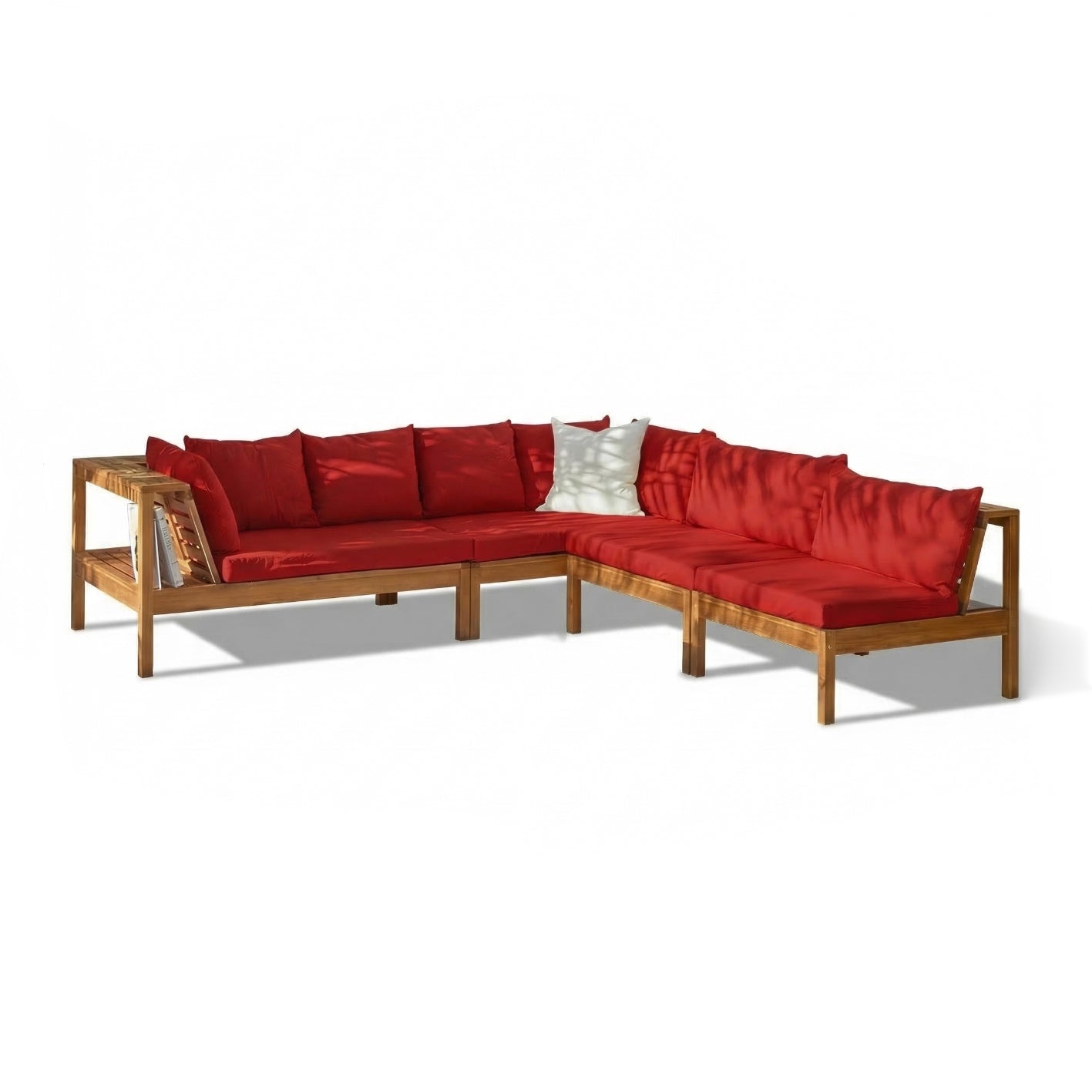Dakota 7 Seater Wooden Corner Sofa Set - Natural Acacia with Red Cushions - Laura James