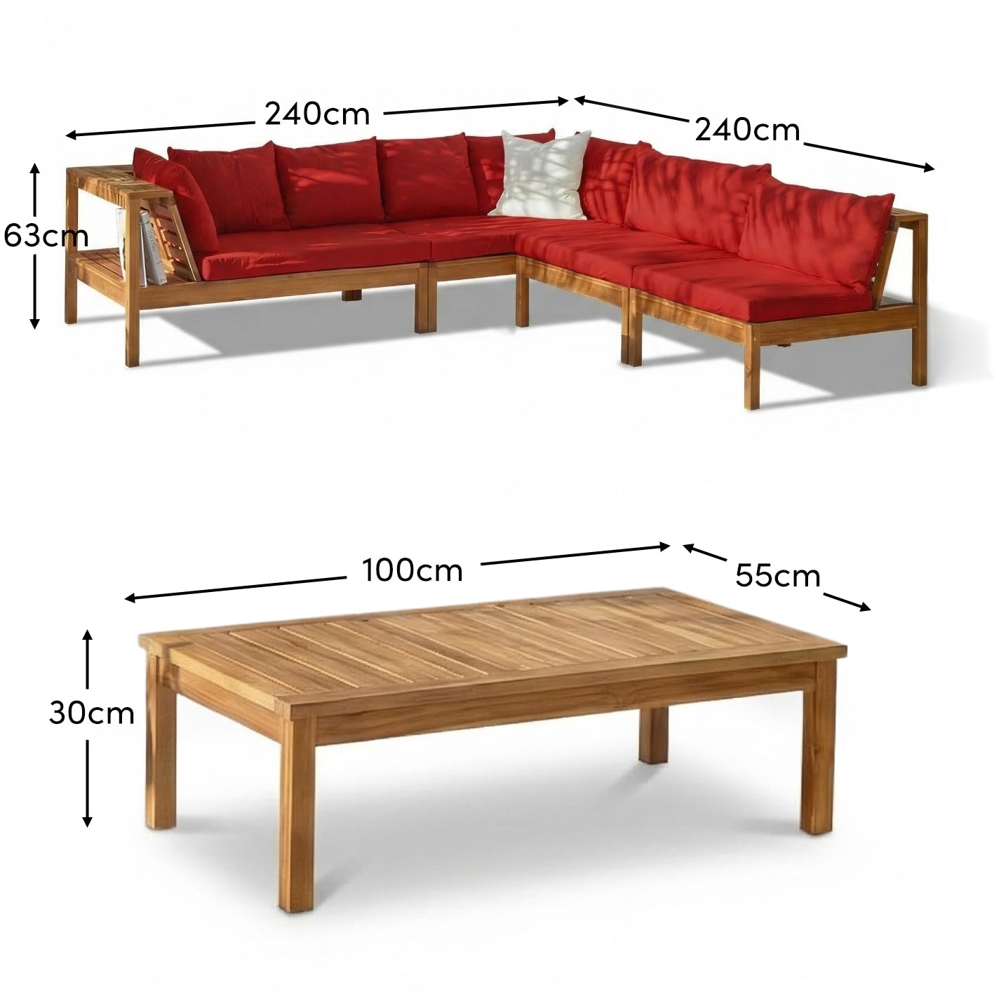 Dakota 6 Seater Wooden Corner Sofa Set - Natural Acacia with Red Cushions