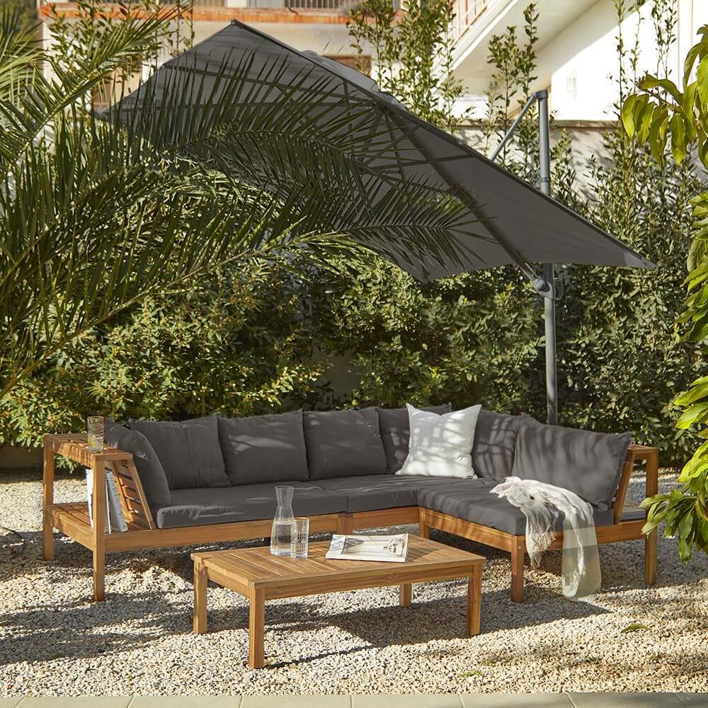 Dakota Corner Wooden Sofa Set with Grey LED Premium Parasol- Grey Cushions