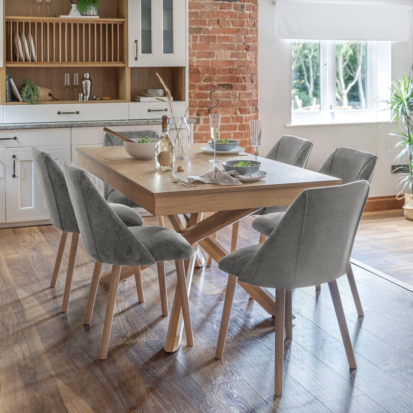 Amelia Whitewash Extendable Dining Table with Freya Grey chairs