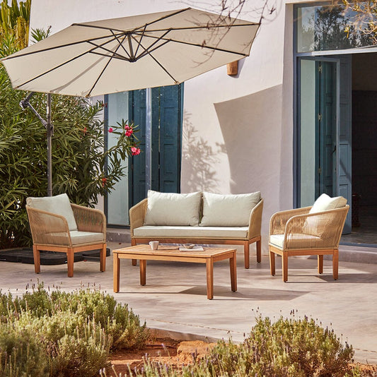 Eaden Rope Garden Conversation Set with Cream Lean Over Parasol - Natural - Laura James 