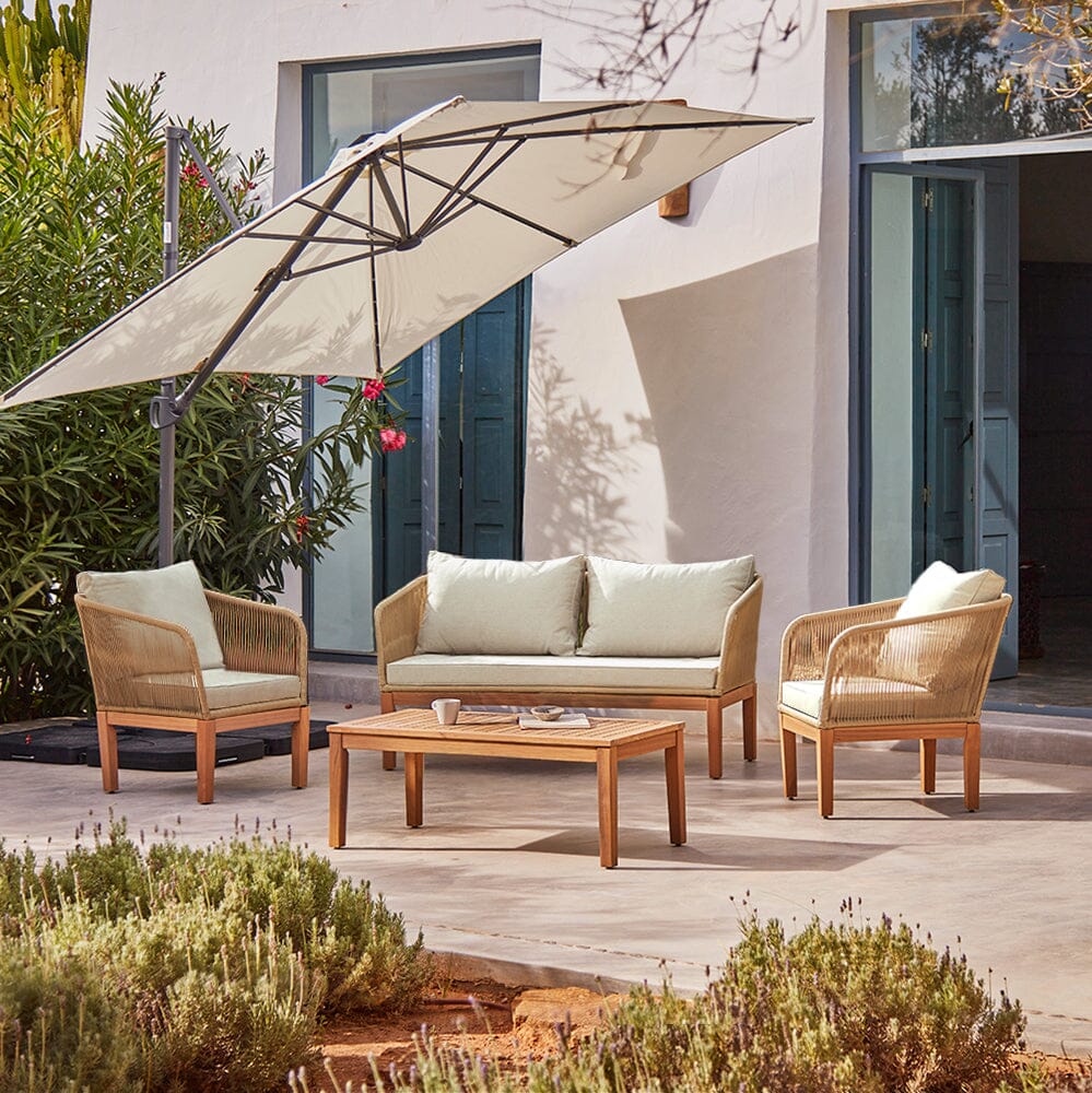 Eaden Rope Garden Conversation Set with Cream LED Premium Cantilever Parasol - Natural - Laura James 