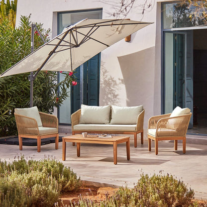 Eaden Rope Garden Conversation Set with Cream LED Premium Cantilever Parasol - Natural - Laura James 