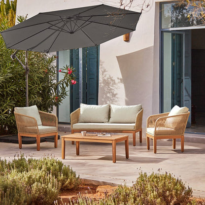 Eaden Rope Garden Conversation Set with Grey Lean Over Parasol - Natural -Laura James 