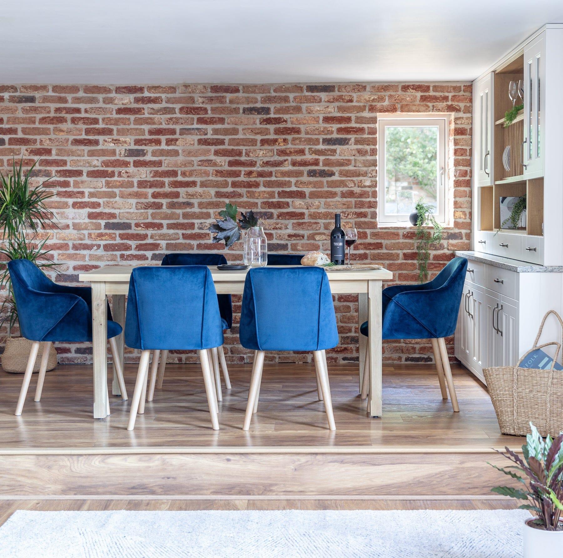 Ella Pale Oak Dining Table Set - 6 Seater - Freya Blue Carver Chairs - 160cm - Laura James