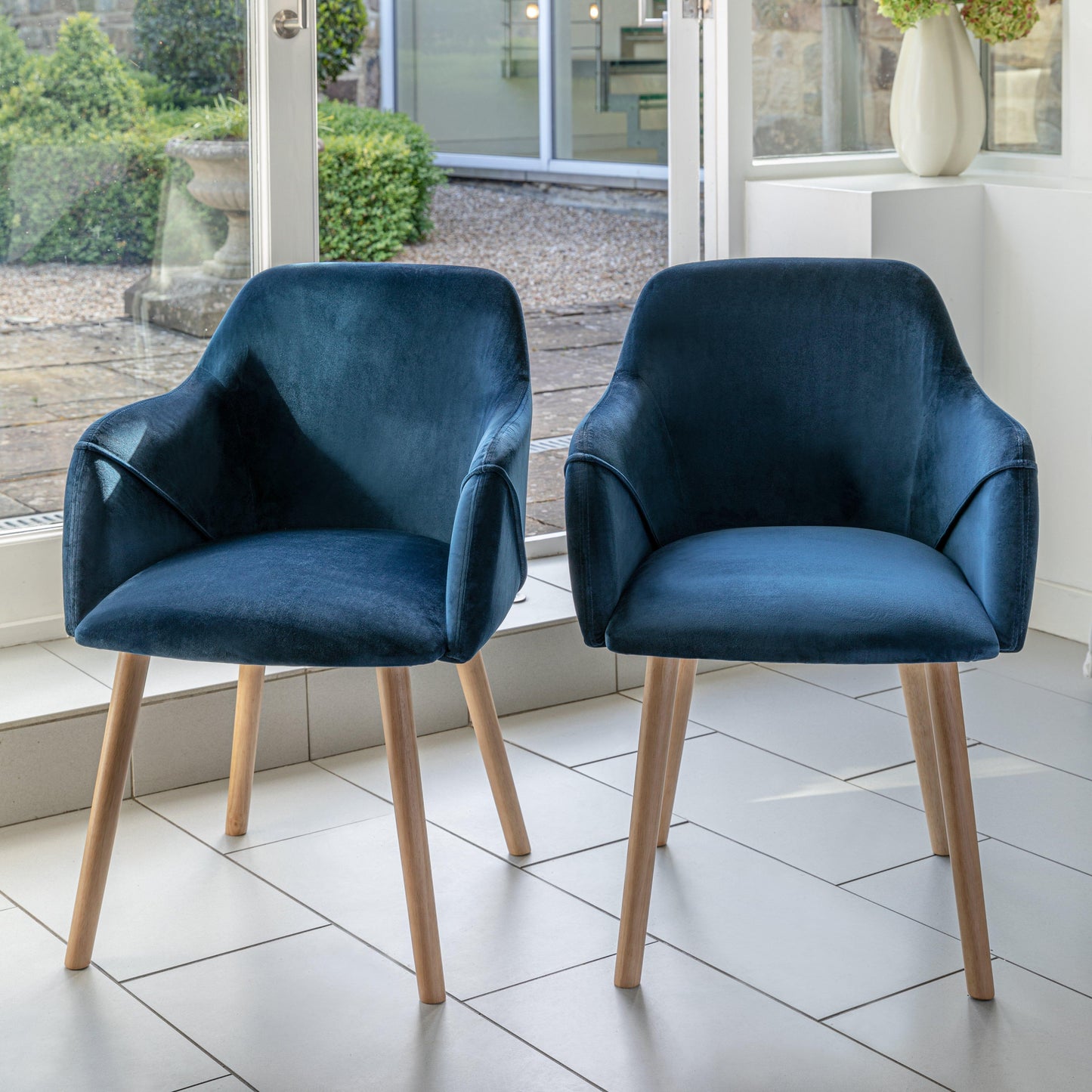 Ella Pale Oak Dining Table Set - 6 Seater - Freya Blue Carver Chairs - 160cm - Laura James