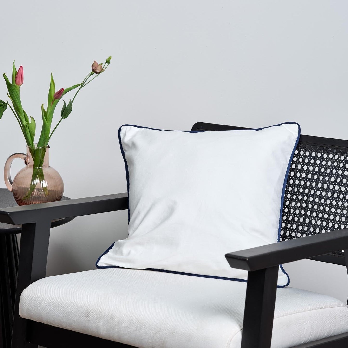 White cotton cushion cover with blue trim - Laura James