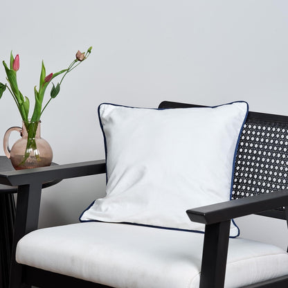 White cotton cushion cover with blue trim - Laura James