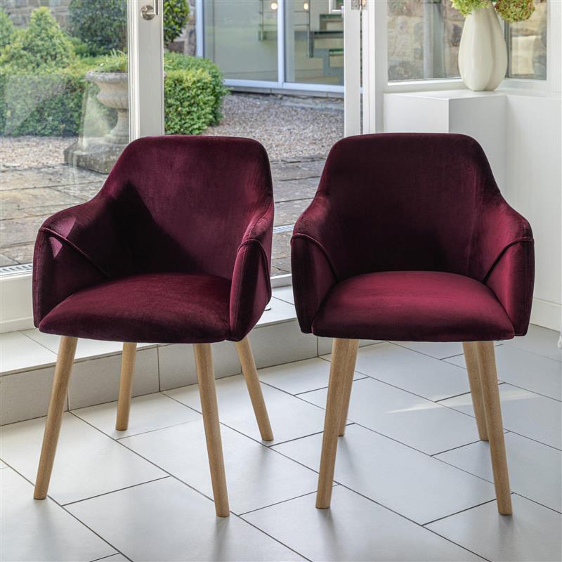 Freya Burgundy Red Dining Armchairs - Set of 2 - Chalked Mango Wood Legs - Laura James 