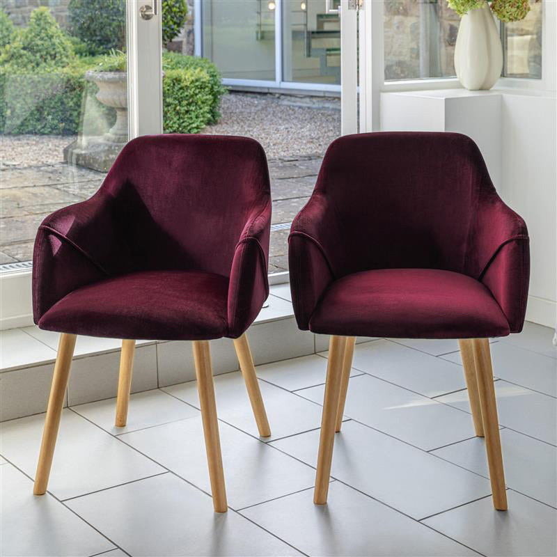 Ella 160cm Pale Oak Dining Table Set - 6 Seater - 4 Freya Dining Chairs with 2 Freya Armchairs - Burgundy Red with Pale Oak Legs
