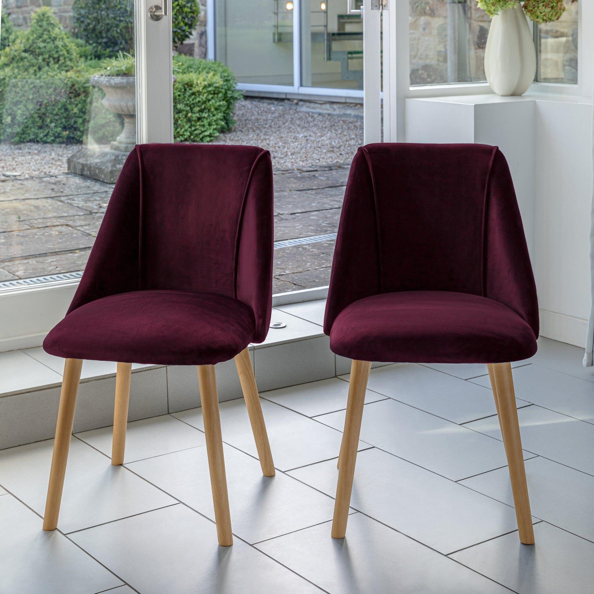Ella 160cm Pale Oak Dining Table Set - 6 Seater - 4 Freya Dining Chairs with 2 Freya Armchairs - Burgundy Red with Pale Oak Legs