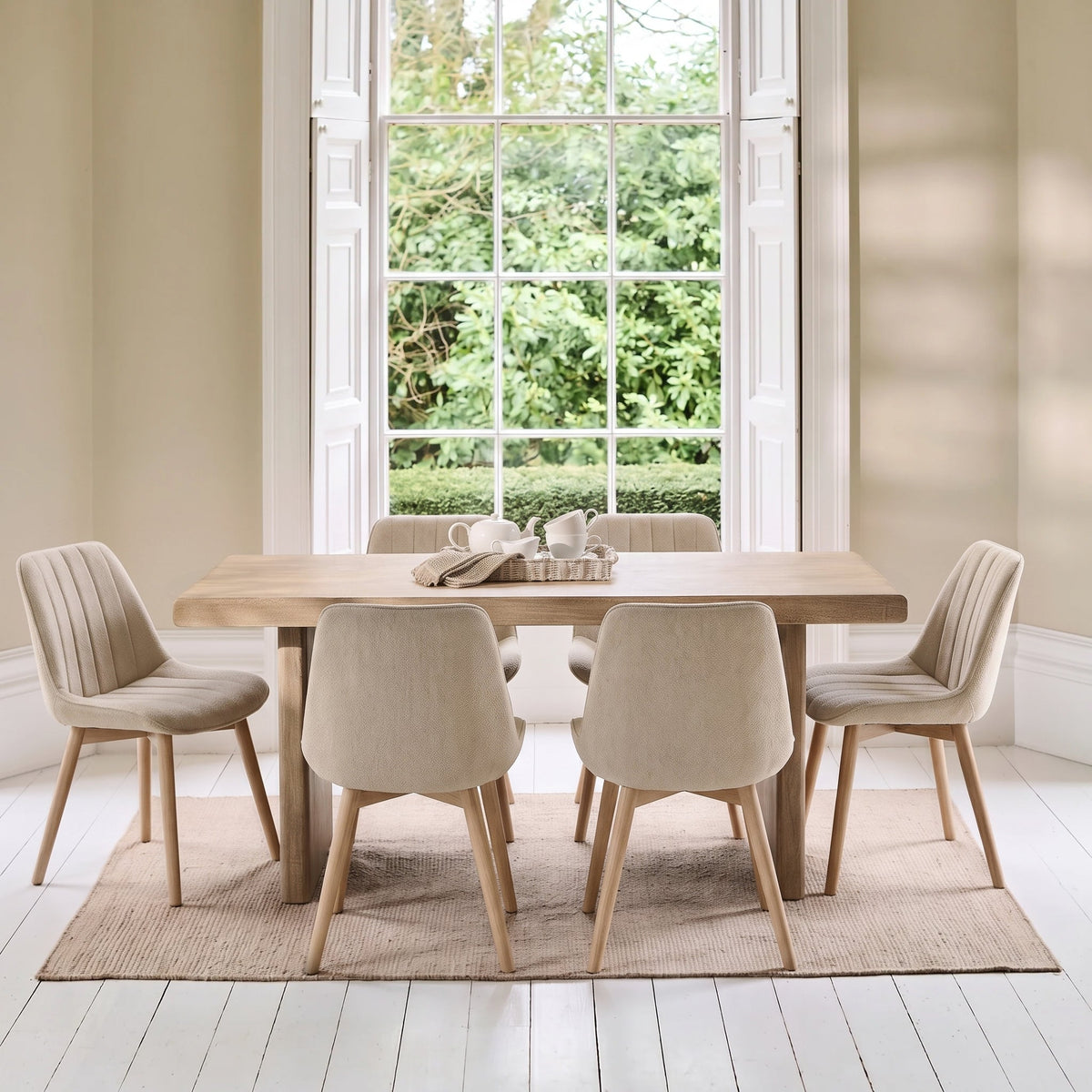 Nevaeh Chalked Mango Wood Dining Table Set - 6 Seater - Bella Boucle Dining Chairs - Chalked Mango Wood Legs - Laura James 