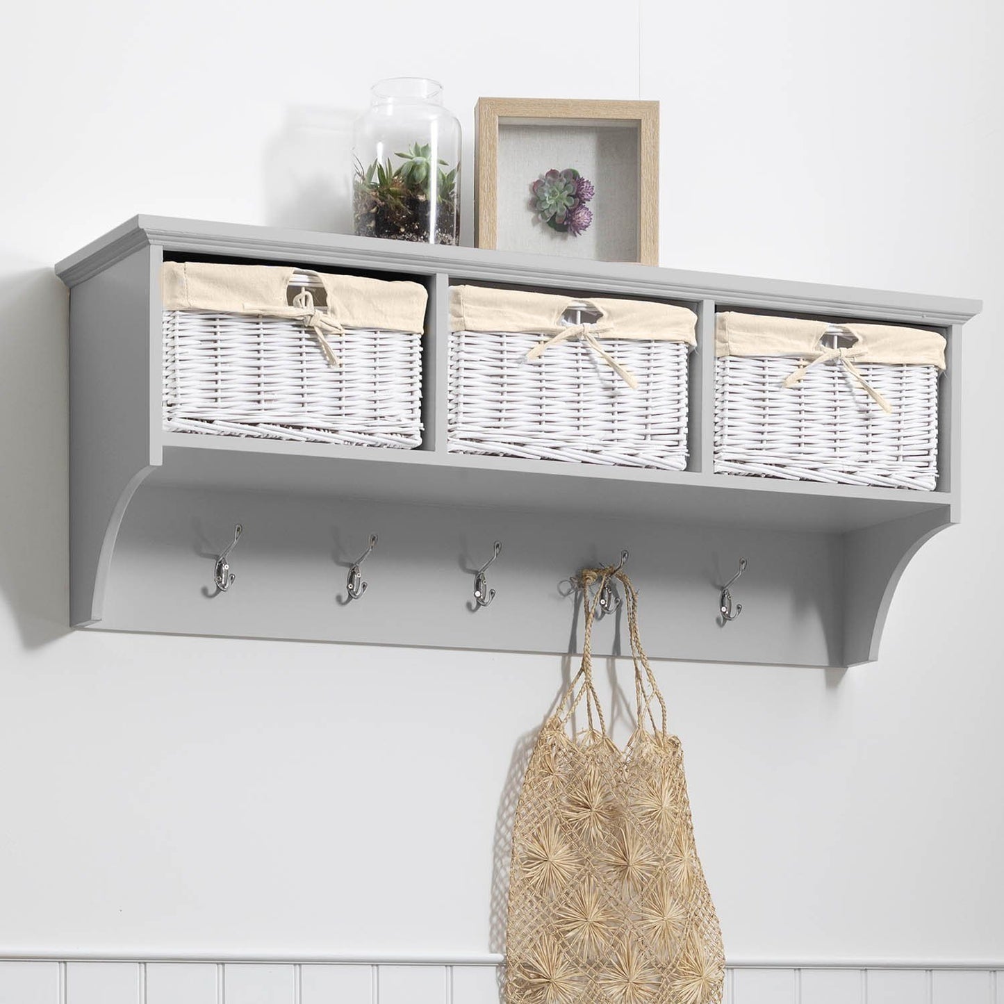 Fyfield Coat Hooks with Shelf & Storage Baskets - Grey