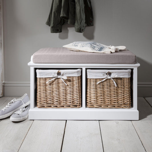 Fyfield Hallway Shoe Storage Bench in White with cushion - Laura James