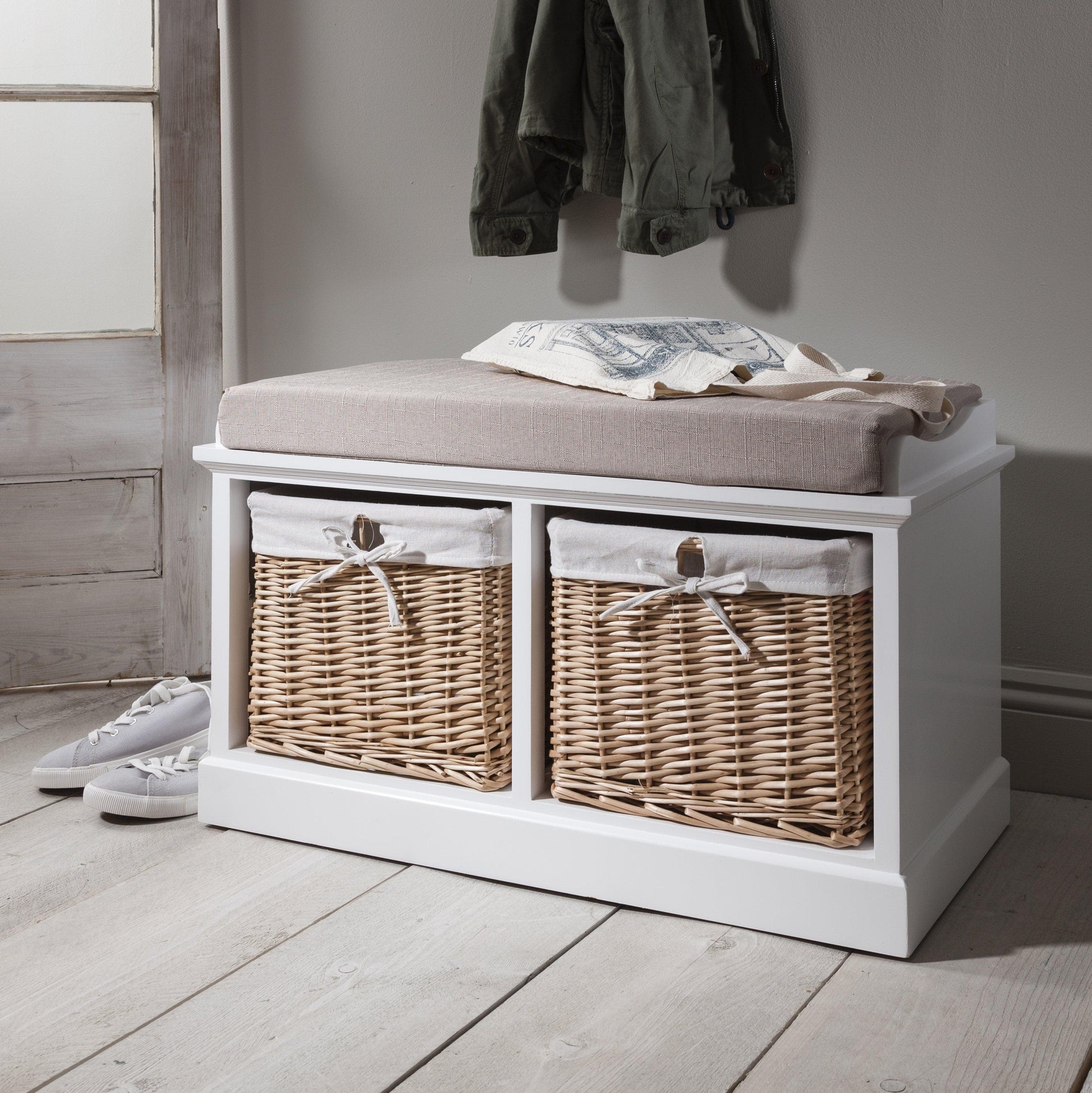 Fyfield Hallway Shoe Storage Bench in White with cushion - Laura James