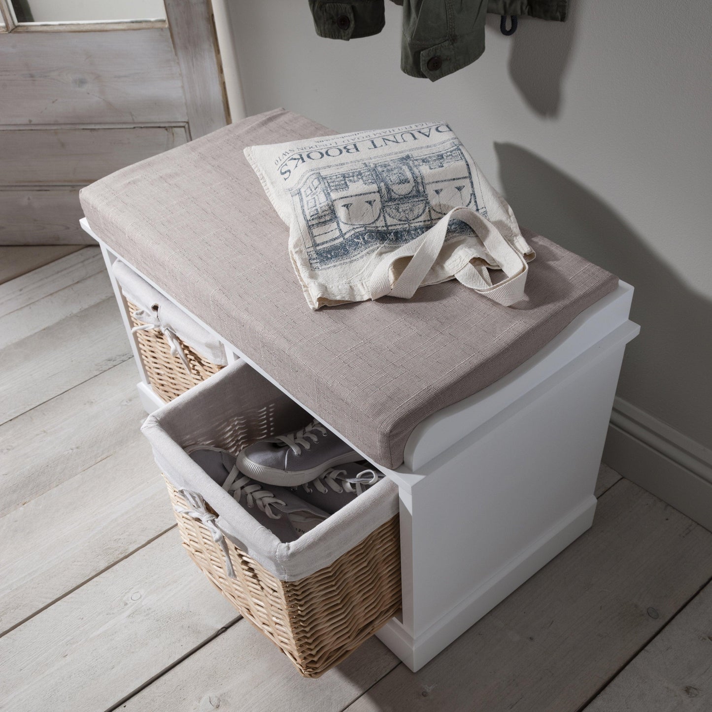 Fyfield Hallway Shoe Storage Bench in White with cushion -  Laura James