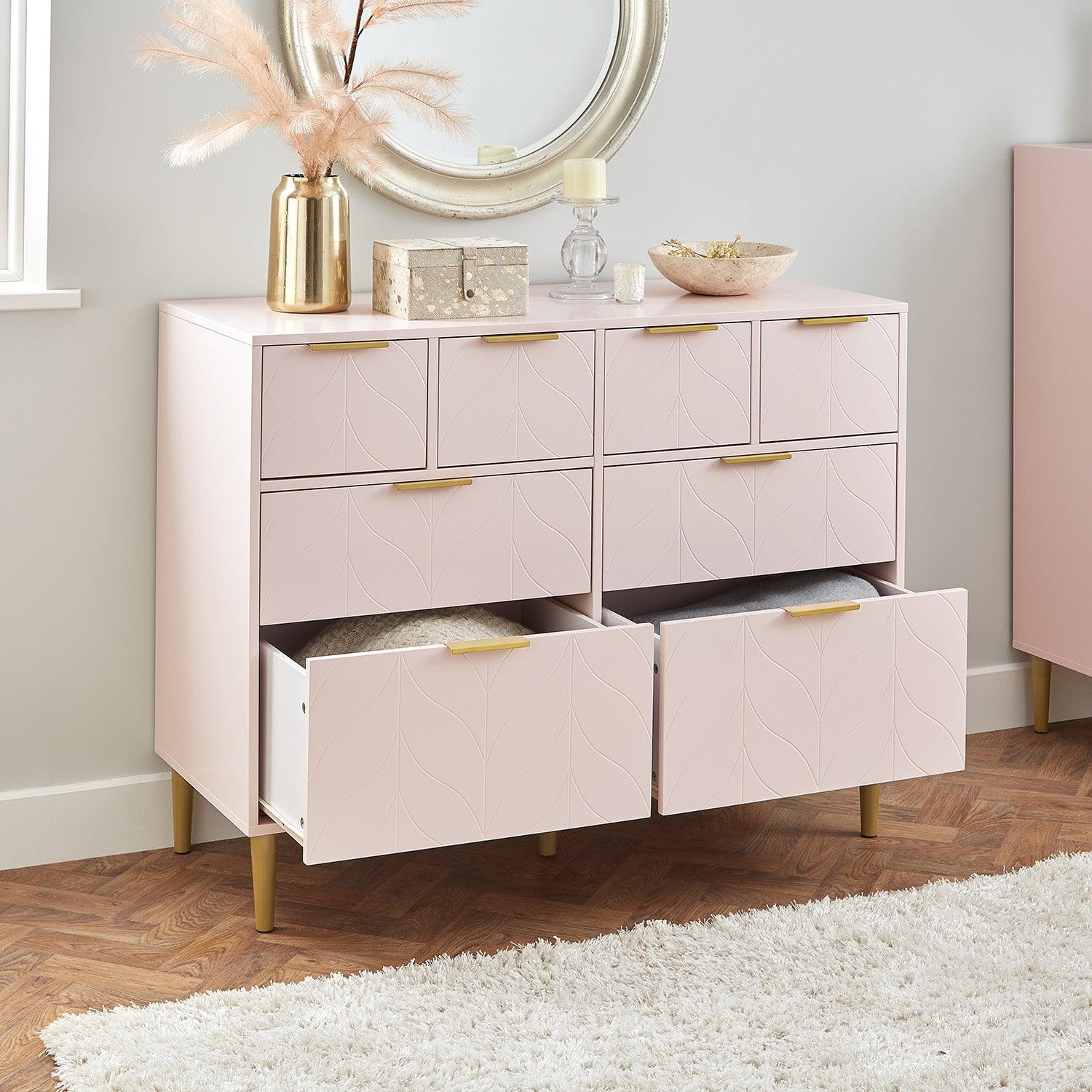 Gloria 3 piece bedroom furniture set - 4 over 4 chest of drawers - pale pink - Laura James