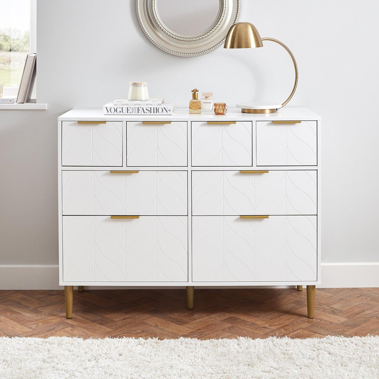 Gloria 4 piece bedroom furniture set - 4 over 4 chest of drawers -white - Laura James