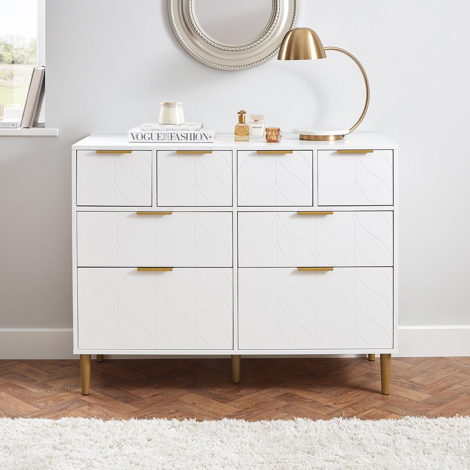 Gloria 4 piece bedroom furniture set - 4 over 4 chest of drawers -white - Laura James