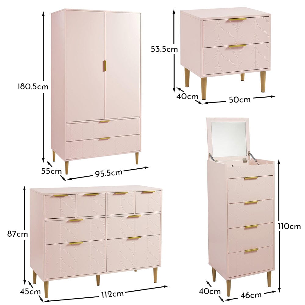 Gloria 4 Piece Bedroom Furniture Set - 4 Over 4 Chest of Drawers - Blush Pink