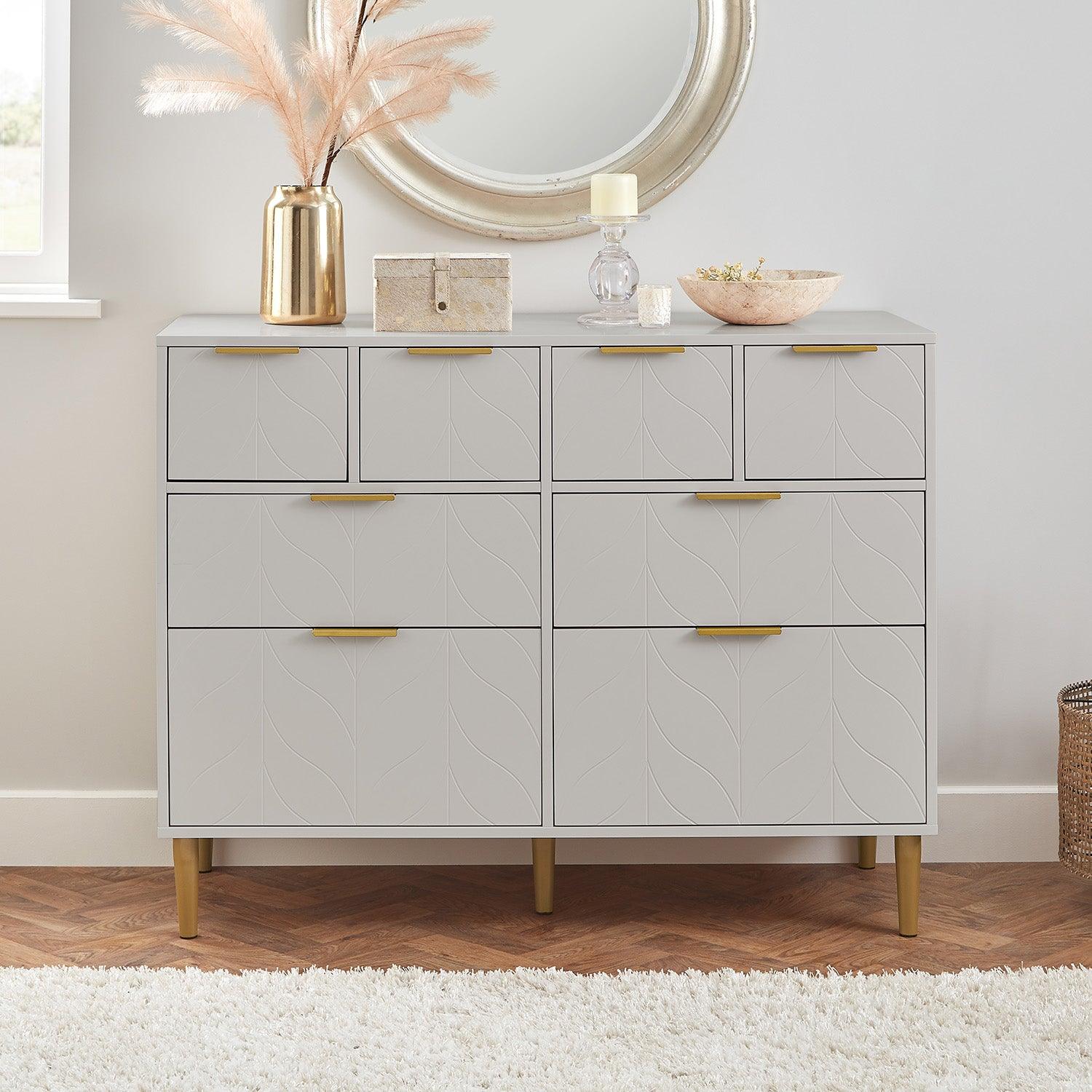 Gloria 8 Drawer Chest of Drawers - Grey & Brass Effect – Laura