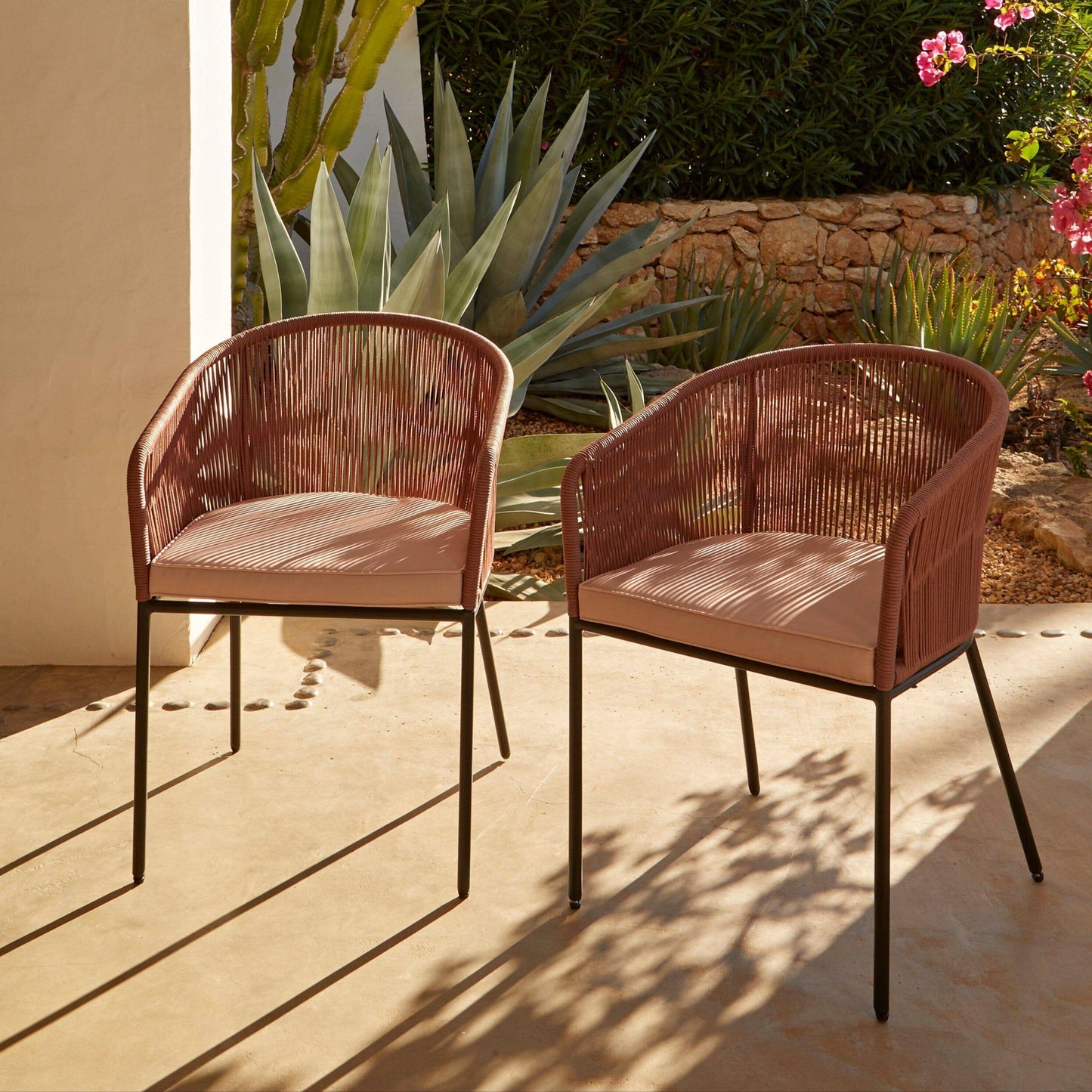 Amelia 6 Seater Wooden Garden Dining Set with 6 Hali Pink Chairs - Light Brushed Acacia with Black Legs