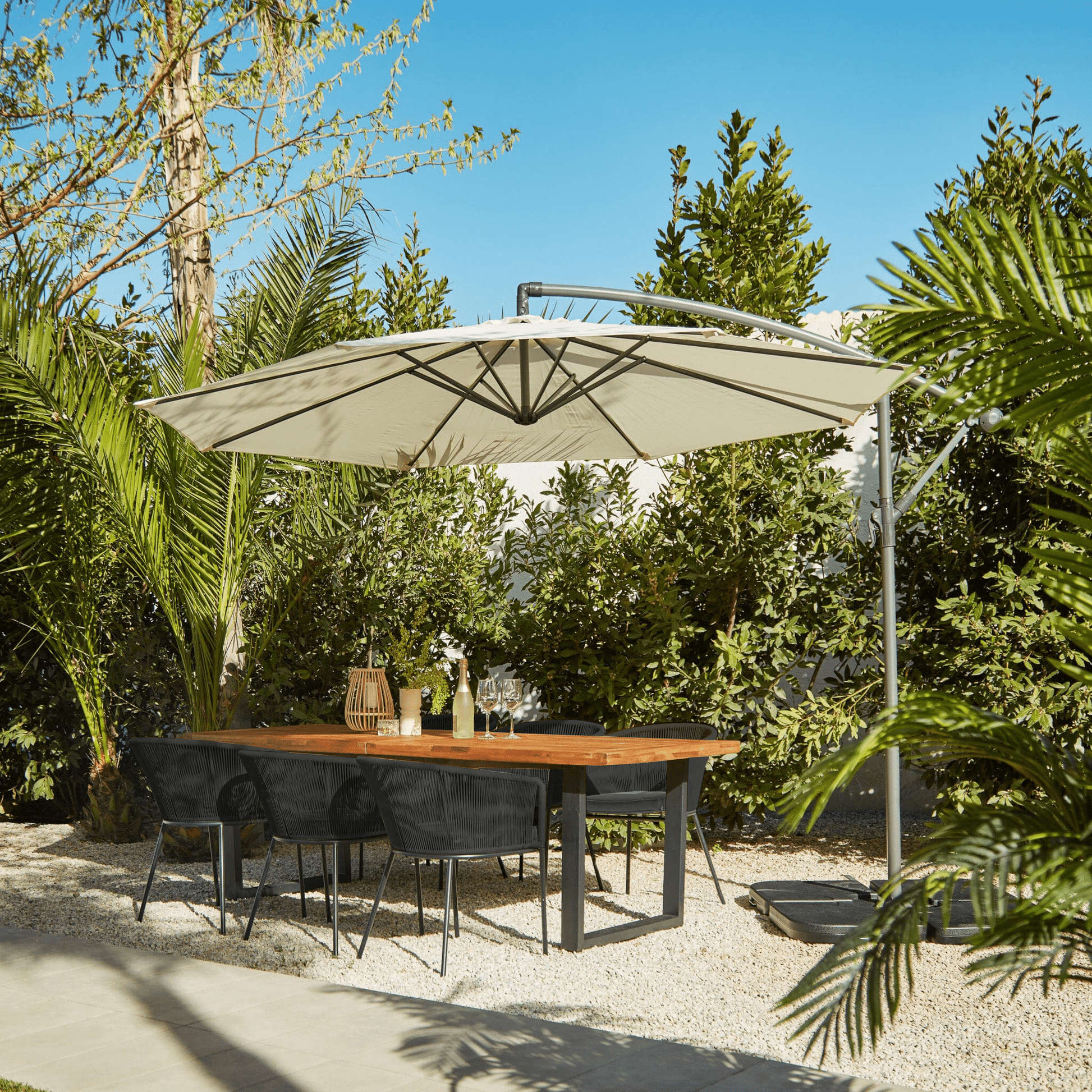 Hali Black Wooden Outdoor Dining Set for 6 with Cream Parasol - Laura James