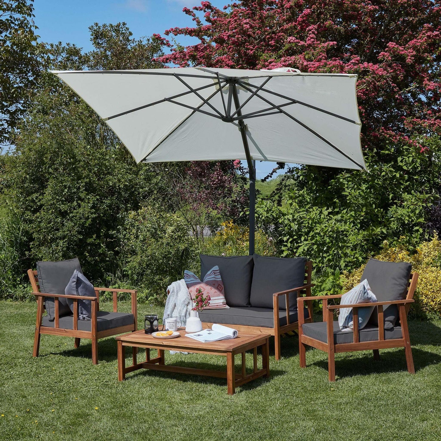 Harrelson Grey Outdoor Sofa Set with 2x Armchairs and LED Cream Parasol - Laura James
