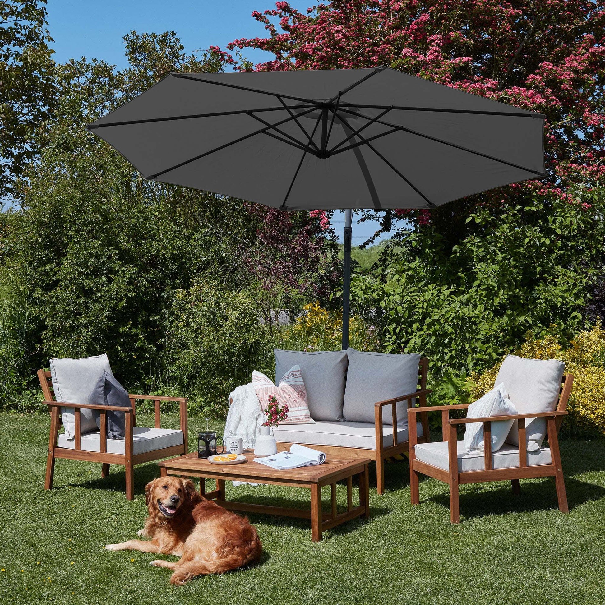 Harrelson outdoor sofa set with grey lean over parasol - solid wood and natural