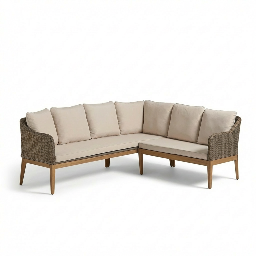 Harlyn 6 Seater Wooden Garden Dining Set with Corner Sofa & 2 Harlyn Dining Armchairs - Laura James