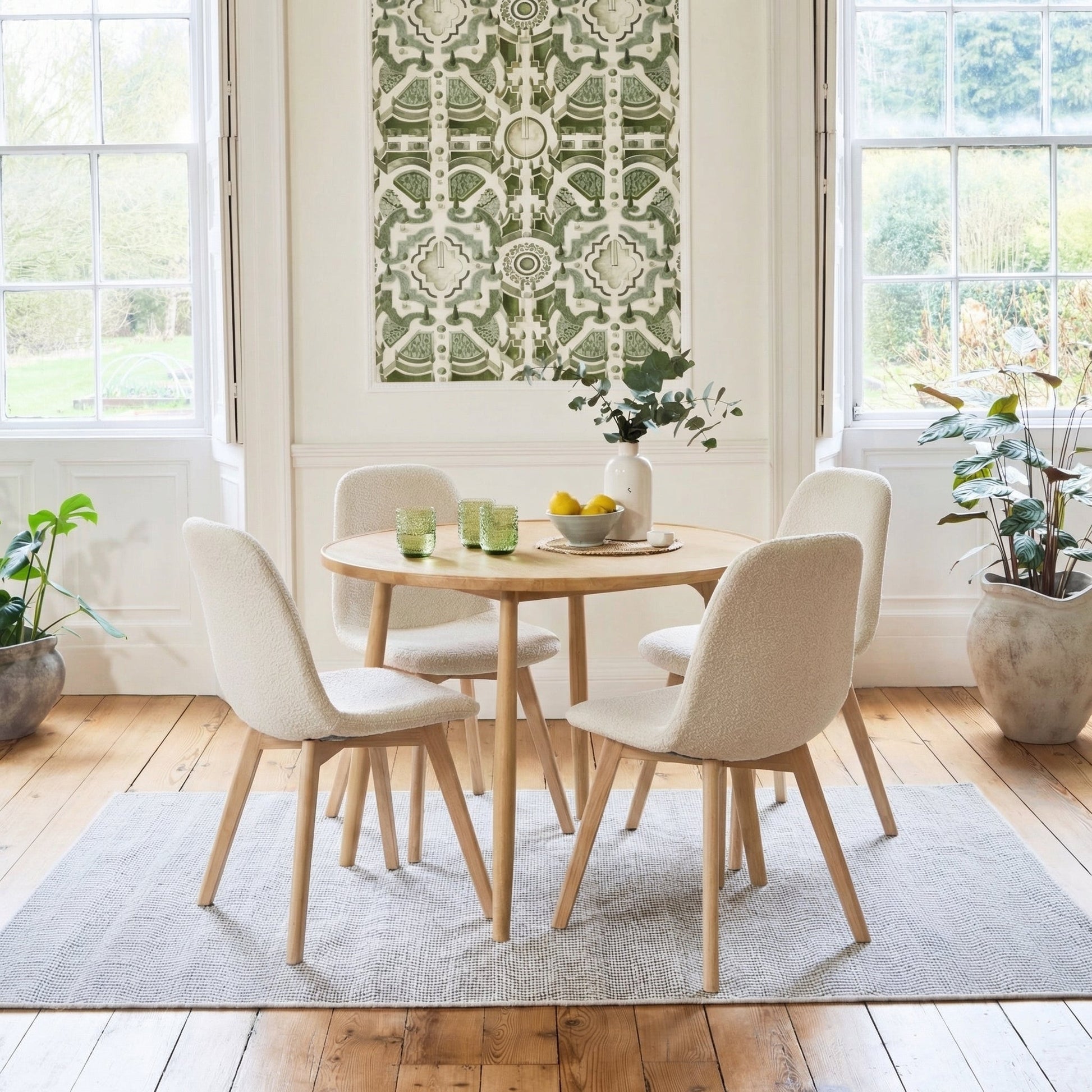 Tilly 100cm Round Dining Table - 4 Seater - Ellis Dining Chairs - Light Beige with Whitewash Oak Legs