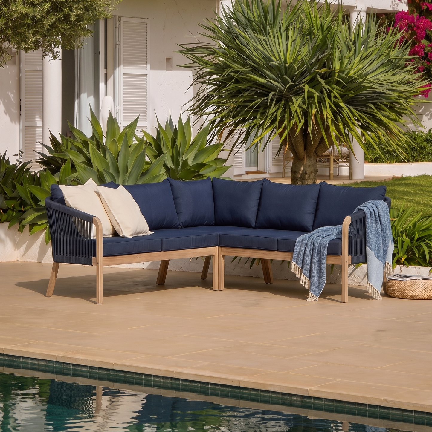 Shiro Brushed Light Acacia Garden Corner Sofa - Navy Rope - Laura James Ireland 