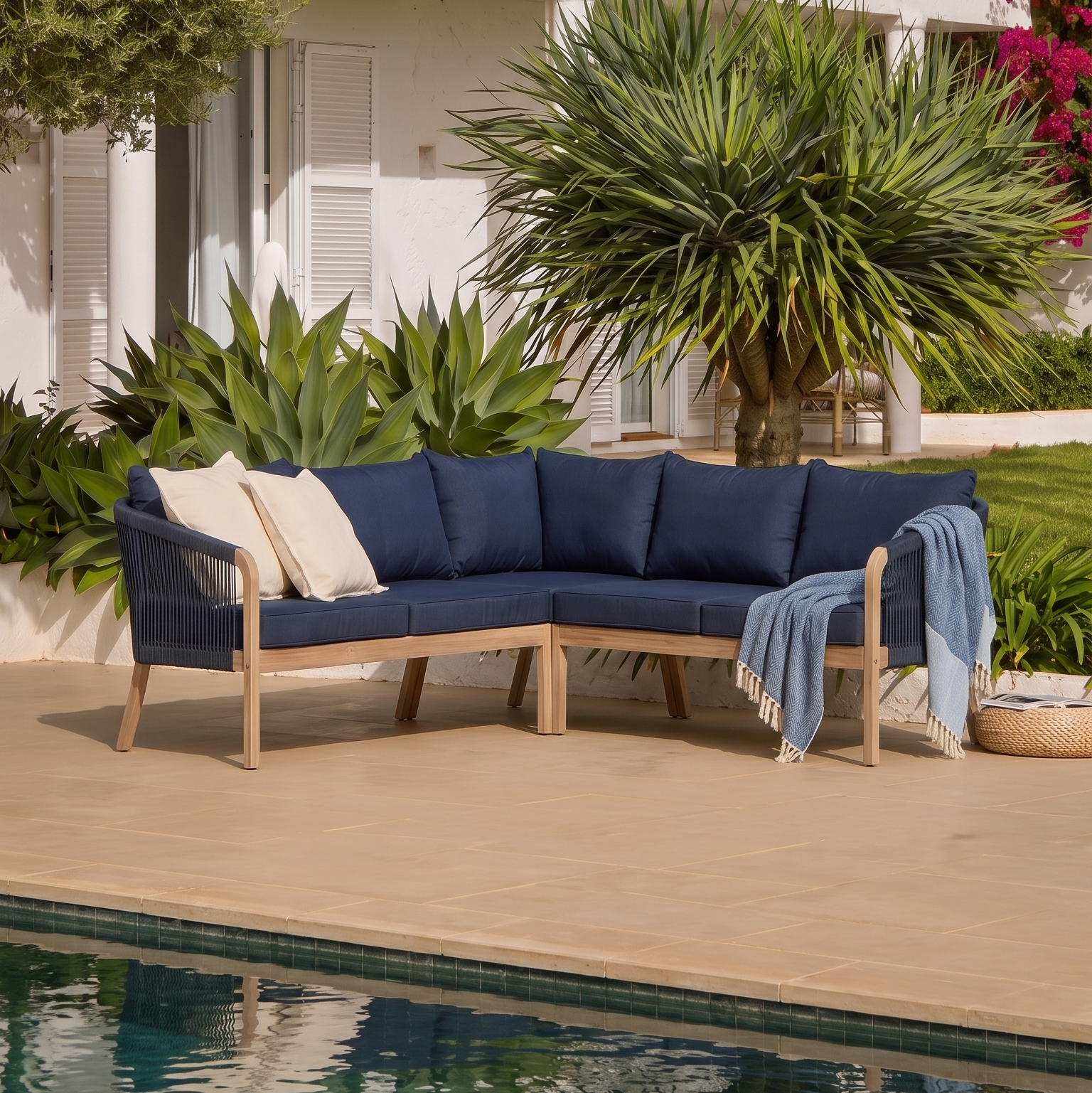 Shiro Brushed Light Acacia Garden Corner Sofa - Navy Rope - Laura James Ireland 
