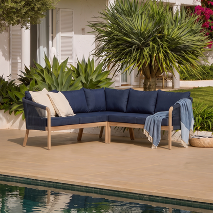 Shiro Brushed Light Acacia Garden Corner Sofa - Navy Rope - Laura James Ireland 