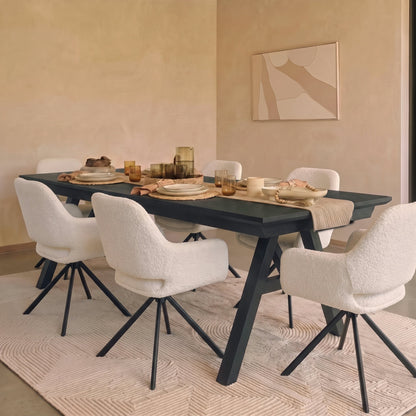 Sabina 160-240cm Black Oak Extending Dining Table Set - 6 Seater - Parker Snow White Boucle Office Chairs - Black Metal Legs - Laura James 