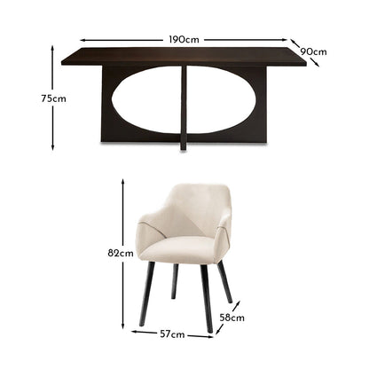 Jade Jet Black Rectangular Acacia Dining Table Set - 6 Seater - Freya Boucle Armchairs with Black Legs