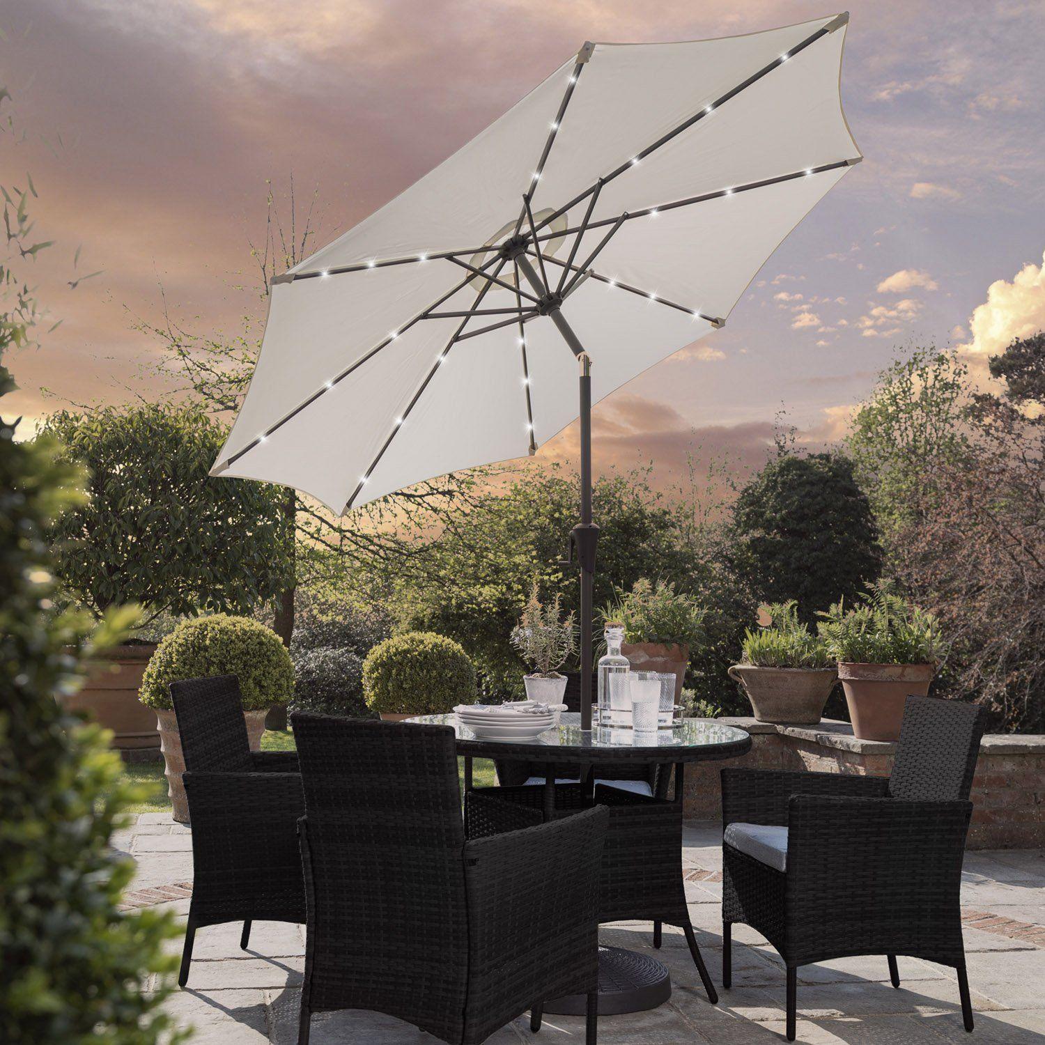 Kemble 4 Seater Rattan Round Dining Set with LED Premium Parasol and Parasol Rain Cover - Black