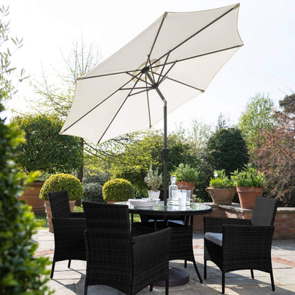 Kemble 4 Seater Rattan Round Dining Set with LED Premium Parasol and Parasol Rain Cover - Black