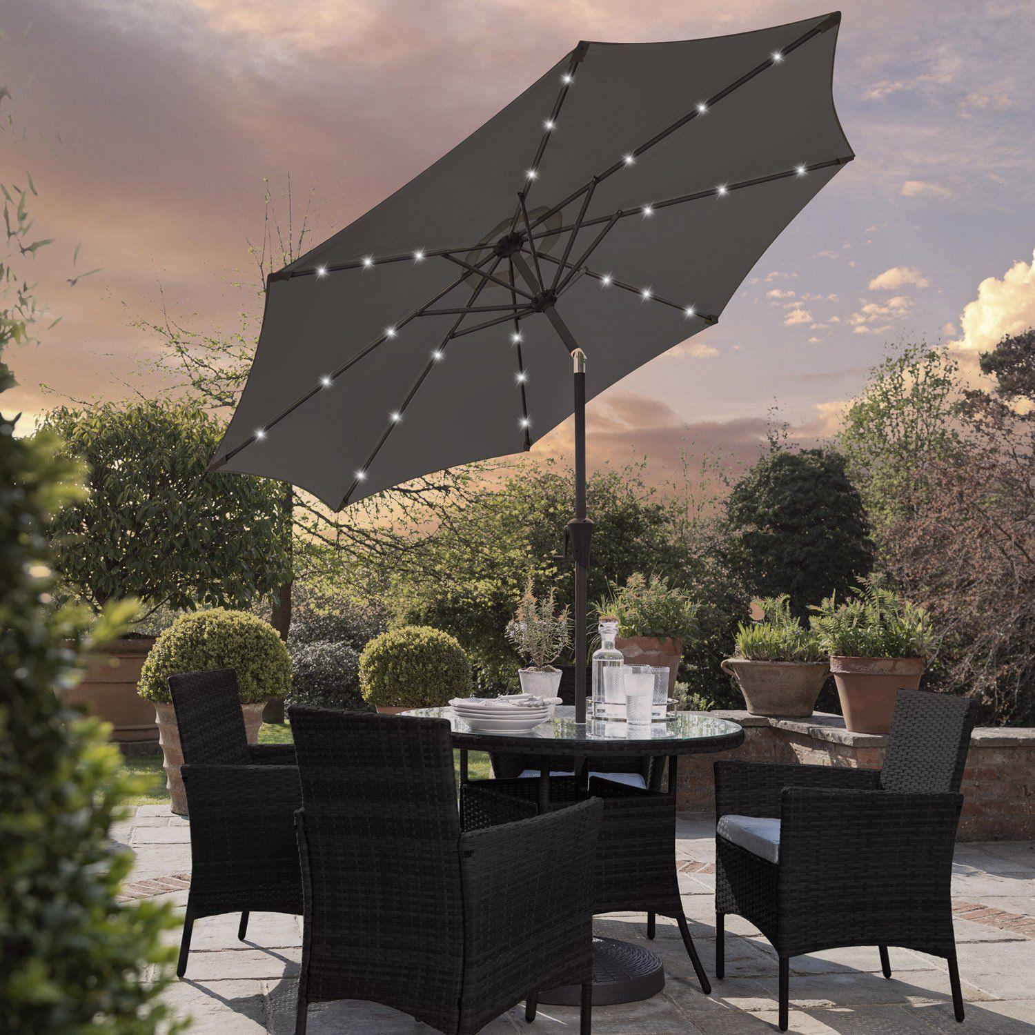 Kemble 4 Seater Rattan Round Dining Set with LED Premium Parasol and Parasol Rain Cover - Black