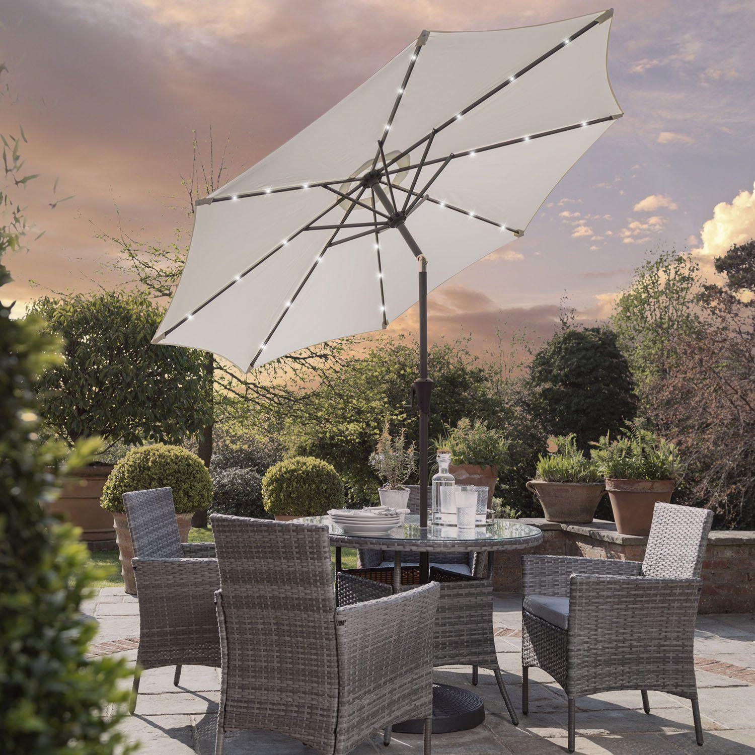 Kemble 4 Seater Rattan Round Dining Set with LED Premium Parasol and Parasol Rain Cover - Grey - Laura James