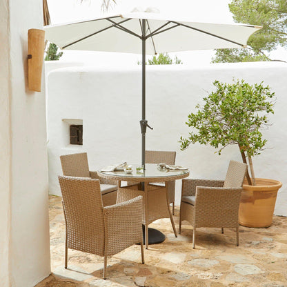 Kemble 4 Seater Rattan Round Dining Set with Cream LED Premium Parasol - Natural Brown - Laura James