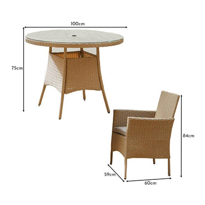 Kemble 4 Seater Rattan Round Outdoor Dining Set With Cream LED Premium Parasol - Natural Brown - Rattan Garden Furniture - Laura James