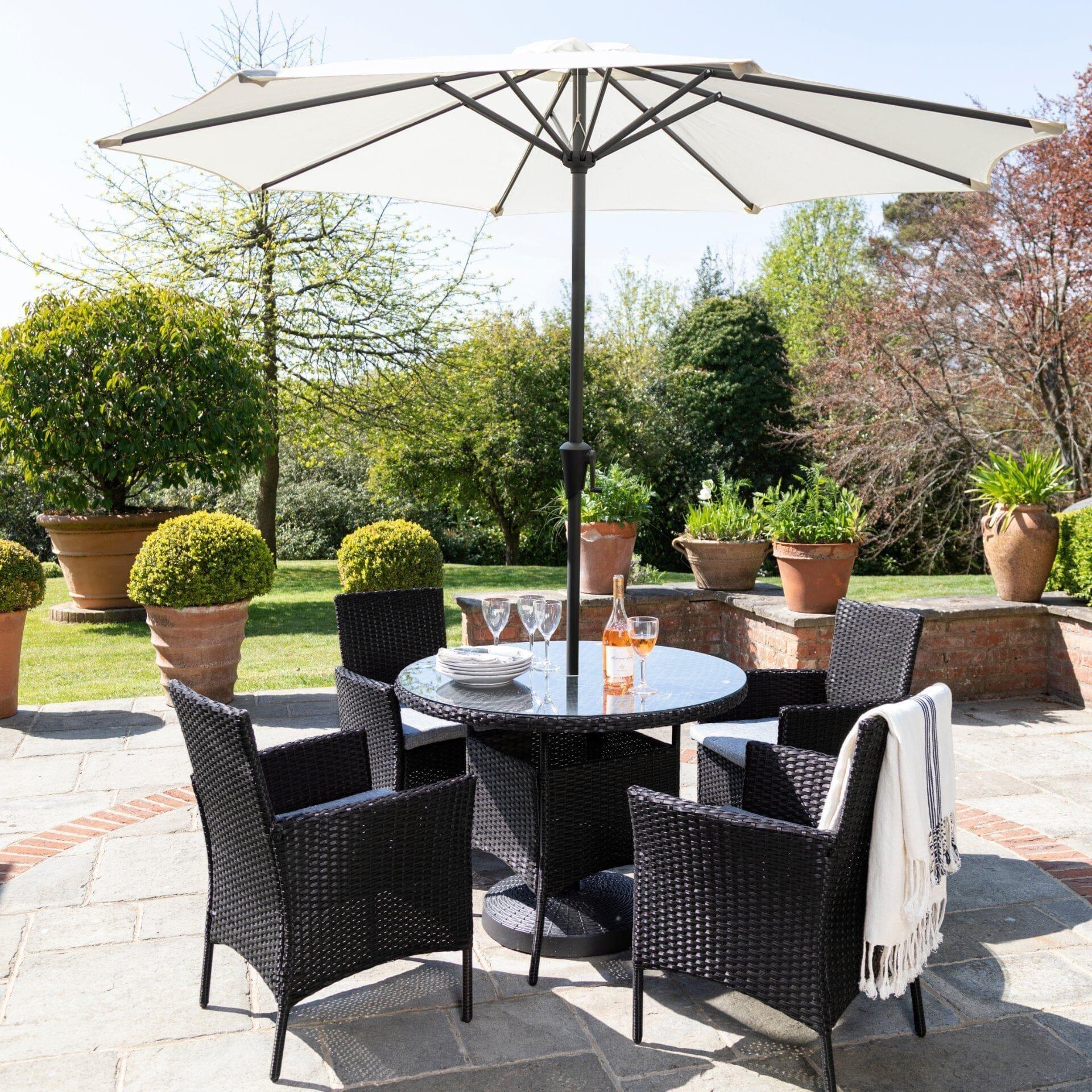 Kemble 4 Seater Rattan Round Dining Set with Cream Parasol - Rattan Garden Furniture - Black - Laura James