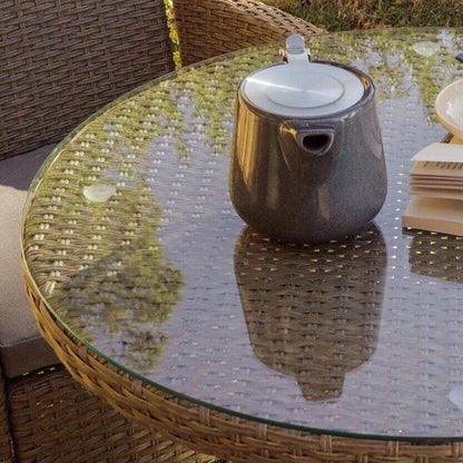 Kemble 4 Seater Round Rattan Garden Dining Table - Light Grey with Clear Glass Top
