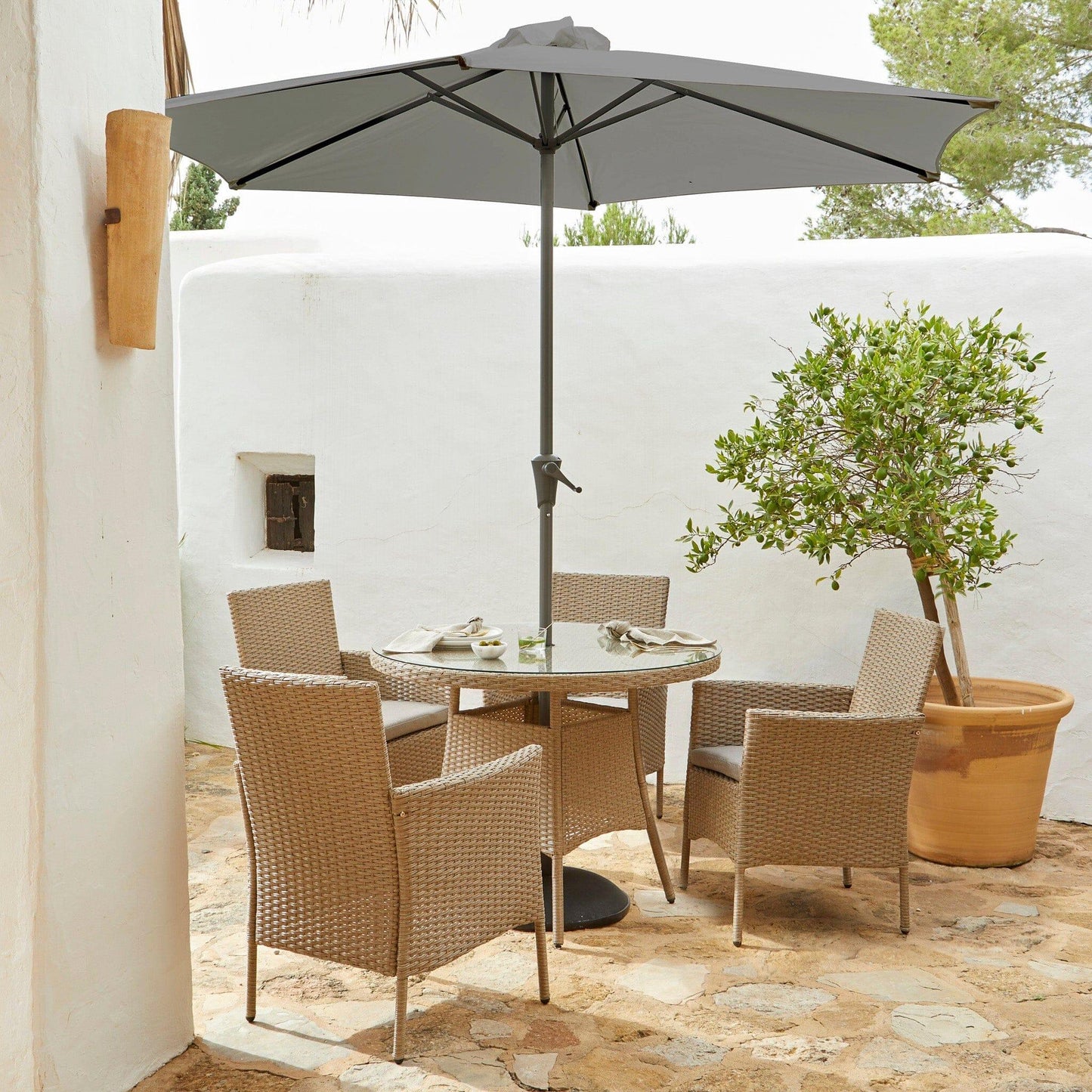Kemble 4 Seater Rattan Round Dining Set with Grey LED Premium Parasol - Natural Brown - Laura James