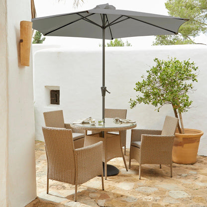 Kemble 4 Seater Rattan Round Dining Set with Grey LED Premium Parasol - Natural Brown - Laura James