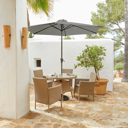 Kemble 4 Seater Rattan Round Dining Set with Grey LED Premium Parasol - Natural Brown - Laura James