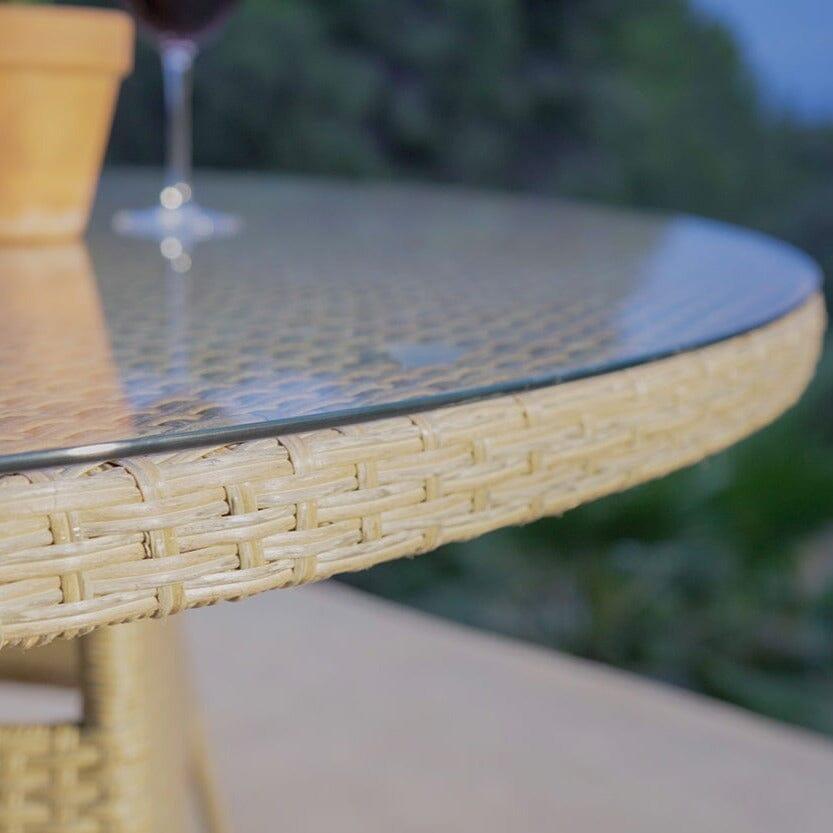 Kemble 4 Seater Rattan Round Outdoor Dining Set With Grey LED Premium Parasol - Natural Brown - Rattan Garden Furniture - Laura James