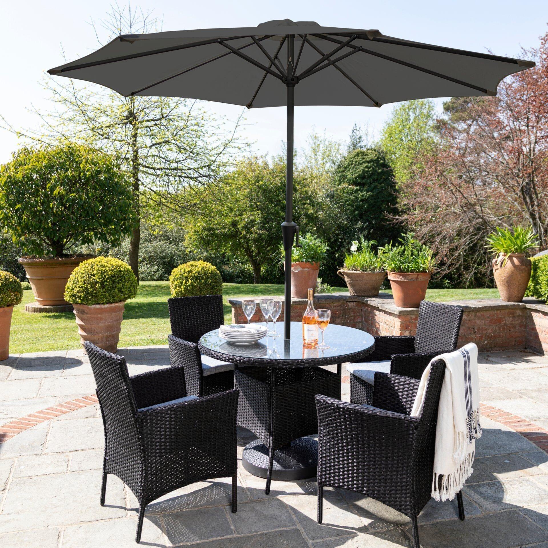 Kemble Seater Rattan Round Garden Dining Set with Grey Parasol