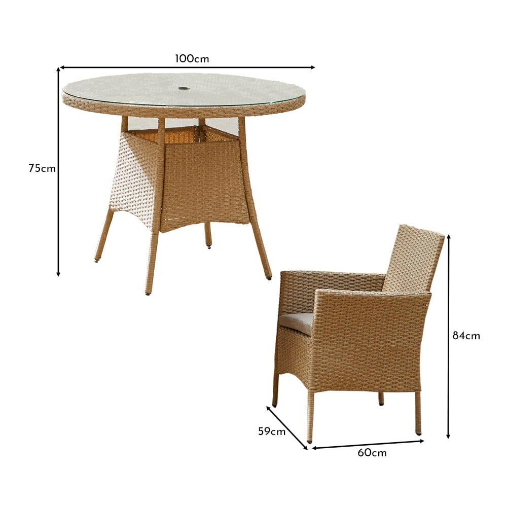 Kemble 4 Seater Rattan Round Outdoor Dining Set With Grey Parasol - Natural - Rattan Garden Furniture - Laura James